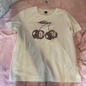 SHEIN Cream Top with Leopard Cherry Design